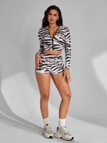 Slayform Women's Sexy Zebra Print Zip-Up Jacket And Shorts Sports Set - Multicolor - View 6