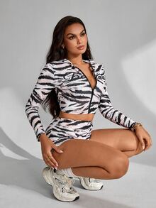 Slayform Women's Sexy Zebra Print Zip-Up Jacket And Shorts Sports Set - Multicolor - View 5