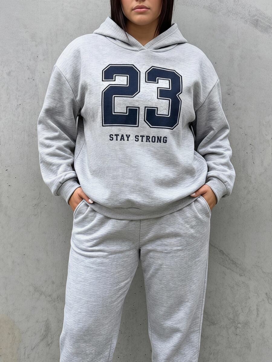Comfortcana Plus Size Women's Digital Print Long Sleeve Hoodie & Sweatpants Casual 2 Pieces Set - Light Grey - View 1
