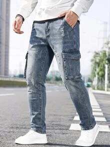 SHEIN Teen Boy Fashion Casual Y2k Pockets And Tear-Resistant Design Blue Elastic Tight Jeans - Blue - View 1