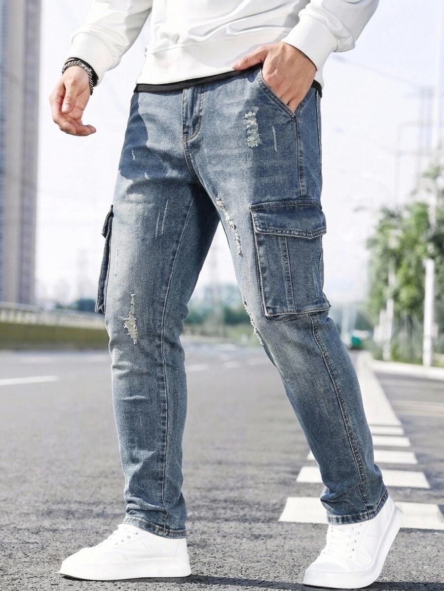 SHEIN Teen Boy Fashion Casual Y2k Pockets And Tear-Resistant Design Blue Elastic Tight Jeans - Blue - View 1