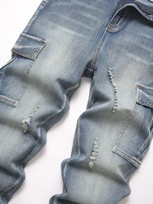 SHEIN Teen Boy Fashion Casual Y2k Pockets And Tear-Resistant Design Blue Elastic Tight Jeans - Blue - View 5