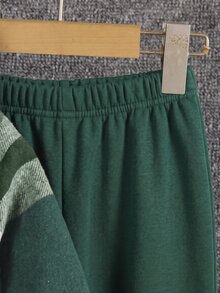 SHEIN 2件組男孩時尚綠色格紋拼接連帽開襟裝飾口袋長袖外套＋彈性腰純色長褲套裝，秋季套裝，冬季 - 墨綠色 - 查看 6