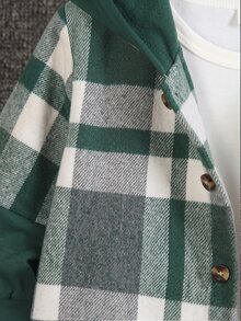 SHEIN 2件組男孩時尚綠色格紋拼接連帽開襟裝飾口袋長袖外套＋彈性腰純色長褲套裝，秋季套裝，冬季 - 墨綠色 - 查看 4