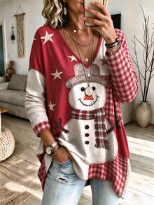 SHEIN LUNE Christmas Plus-Size Women's Christmas Snowman Pattern Print V-Neck Top, Long-Sleeved Loose-Fitting P Fall - Multicolor - View 1