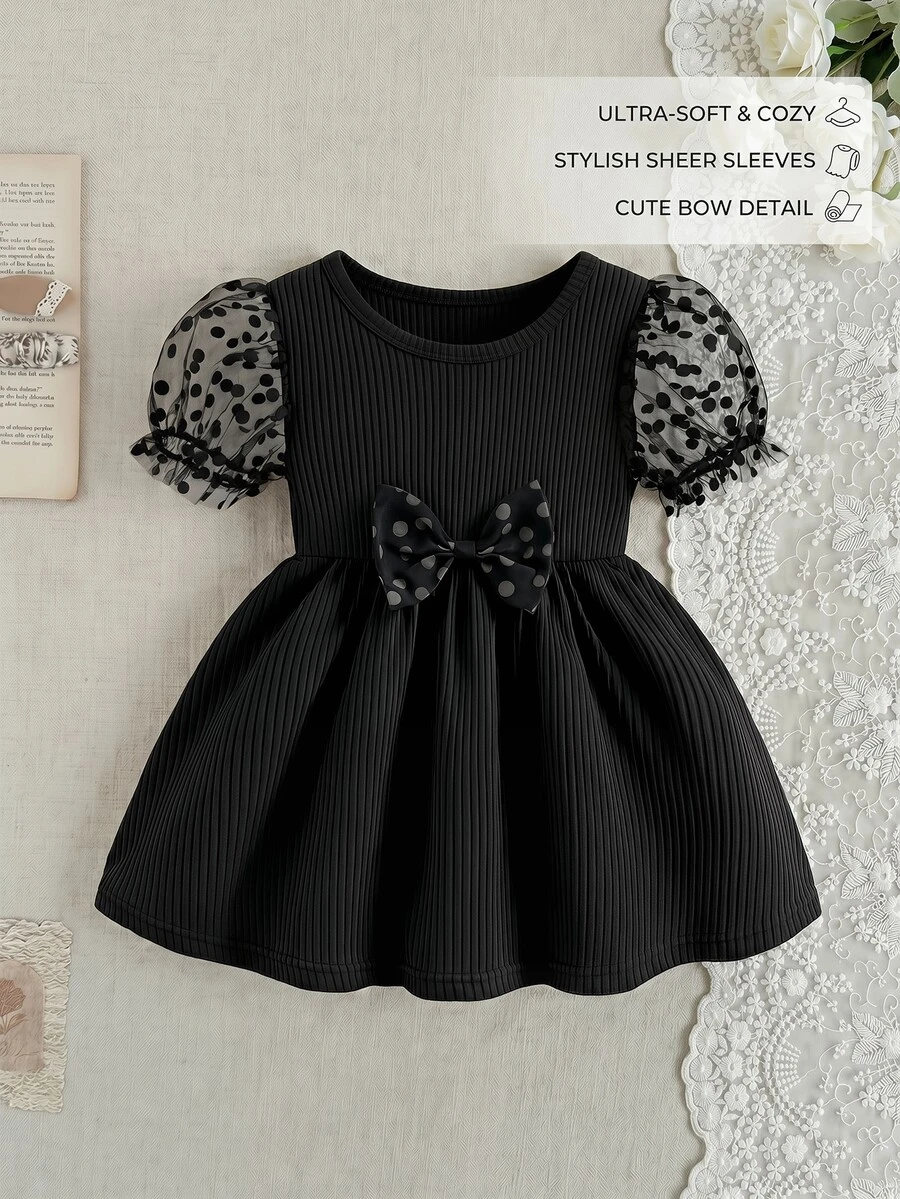 Baby Girls Casual Fashion Polka Dot Mesh Short Sleeve Dress, Summer
