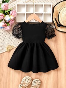 Baby Girls Casual Fashion Polka Dot Mesh Short Sleeve Dress, Summer - Black - View 3