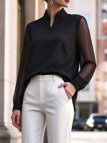 Omancia Women's Small Stand Collar Mesh Patchwork Sleeve Design Urban Commute Office Elegant Elegant Versatile Solid Color Blouse - Black - View 7