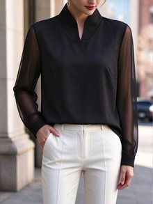 Omancia Women's Small Stand Collar Mesh Patchwork Sleeve Design Urban Commute Office Elegant Elegant Versatile Solid Color Blouse - Black - View 5