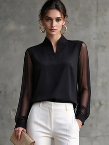 Omancia Women's Small Stand Collar Mesh Patchwork Sleeve Design Urban Commute Office Elegant Elegant Versatile Solid Color Blouse - Black - View 4