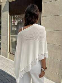 Ritzy Row Women's Contrast Lace Asymmetric Hem Loose Poncho Sweater - White - View 3