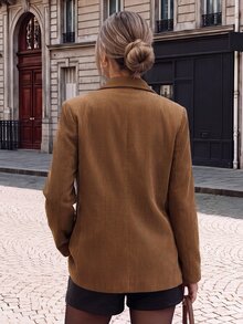 SHEIN Fall Fashion Double-Breasted Blazer Office Business Brown Casual - Brown - View 2