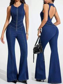Jeanoix Bộ jumpsuit denim dáng xòe ôm sát, thiết kế hở lưng có khóa kéo dành cho nữ, phù hợp để mặc hàng ngày. - Rửa tối - Xem 9
