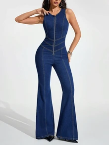 Jeanoix Bộ jumpsuit denim dáng xòe ôm sát, thiết kế hở lưng có khóa kéo dành cho nữ, phù hợp để mặc hàng ngày. - Rửa tối - Xem 6