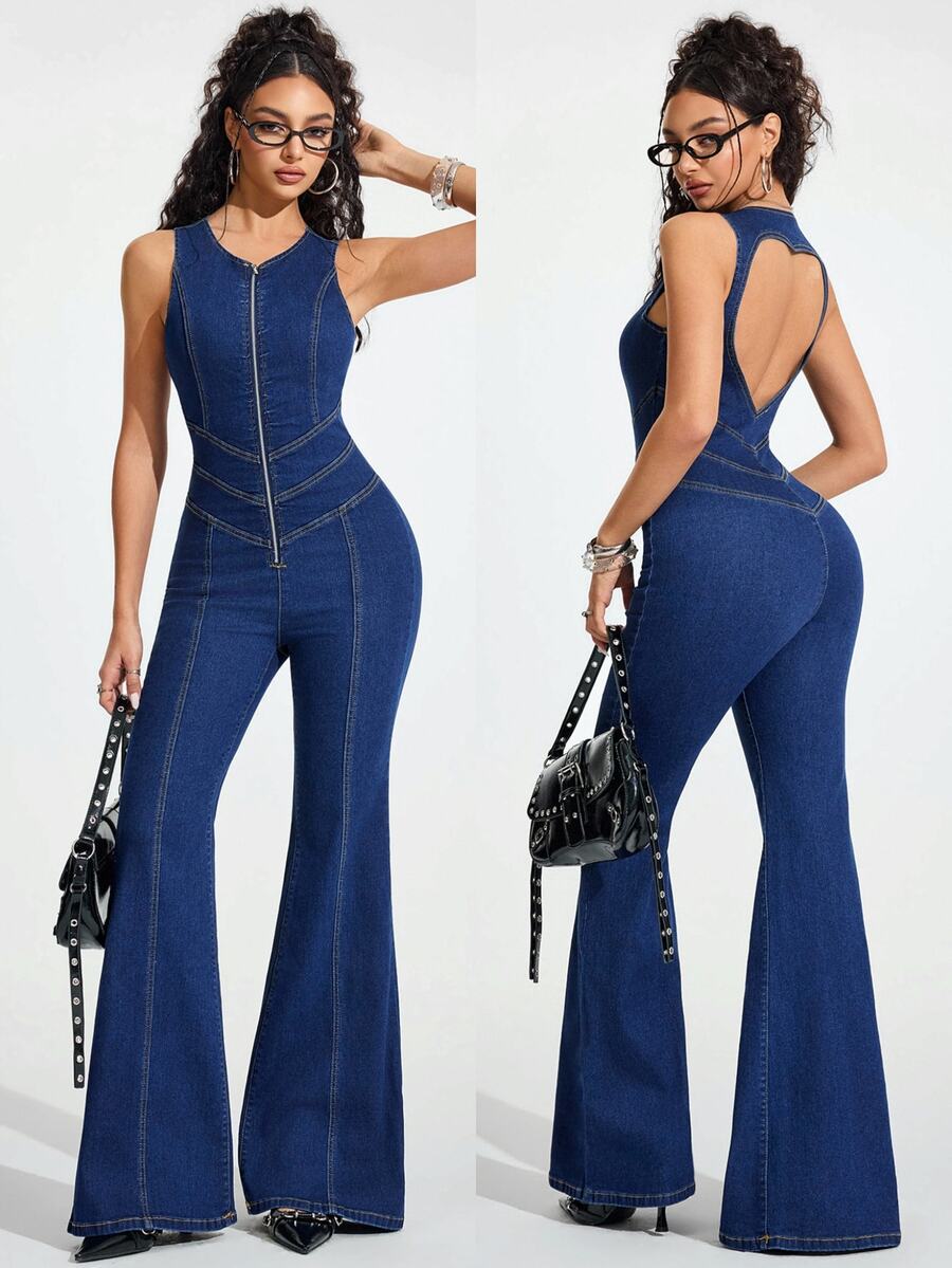 Jeanoix Bộ jumpsuit denim dáng xòe ôm sát, thiết kế hở lưng có khóa kéo dành cho nữ, phù hợp để mặc hàng ngày. - Rửa tối - Xem 1