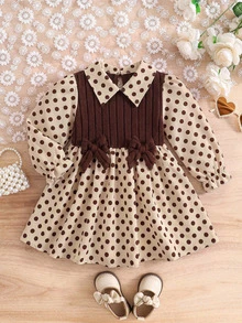 SHEIN Cute Vintage Polka Dot Kids Collar Dress For Girls - Coffee Brown - View 7