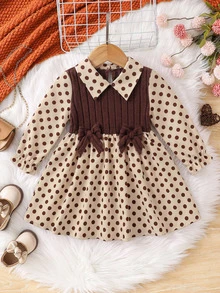 SHEIN Cute Vintage Polka Dot Kids Collar Dress For Girls - Coffee Brown - View 3