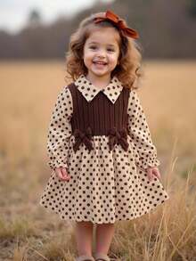SHEIN Cute Vintage Polka Dot Kids Collar Dress For Girls - Coffee Brown - View 5