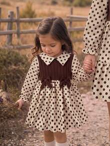 SHEIN Cute Vintage Polka Dot Kids Collar Dress For Girls - Coffee Brown - View 1