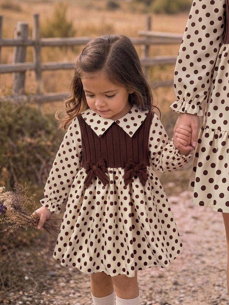 SHEIN Cute Vintage Polka Dot Kids Collar Dress For Girls - Coffee Brown - View 1