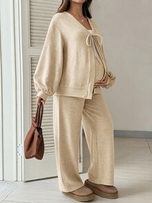 SHEIN 秋季孕婦純色前綁帶落肩長袖外套與可調腰寬腿褲休閒兩件套 - 卡其色 - 查看 4