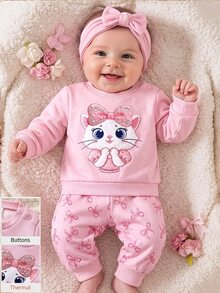 SHEIN 2pcs Set Baju Sweatshirt Rajut Motif Kartun Warna Pink Lucu untuk Bayi Perempuan dan Celana Panjang Pinggang Elastis - Berwarna merah muda - View 5