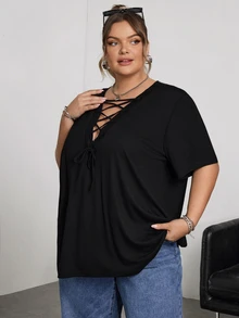 SHEIN CURVE+ Plus Sexy Solid Lace Up Front Tee For Summer, Summer For Women, Western Wear Women, Y2k, Rave - Black - View 4
