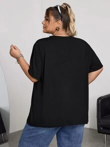 SHEIN CURVE+ Plus Sexy Solid Lace Up Front Tee For Summer, Summer For Women, Western Wear Women, Y2k, Rave - Black - View 2