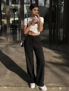 DAZY Women's Elegant Solid Color Flared Pants, Korean Style Petite - Black - View 3