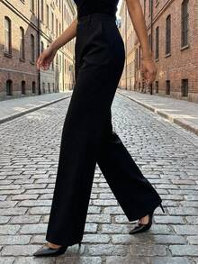 DAZY Women's Elegant Solid Color Flared Pants, Korean Style Petite - Black - View 9