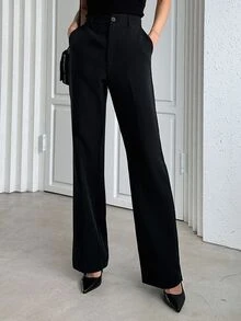 DAZY Women's Elegant Solid Color Flared Pants, Korean Style Petite - Black - View 14