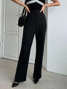 DAZY Women's Elegant Solid Color Flared Pants, Korean Style Petite - Black - View 16