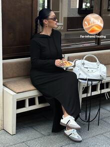 Muchica Plus Size Women's Solid Color Long Sleeve Side Slit Hem Casual Elegant Drawstring Hooded Dress Travel Homewear Black Fall - Black - View 2