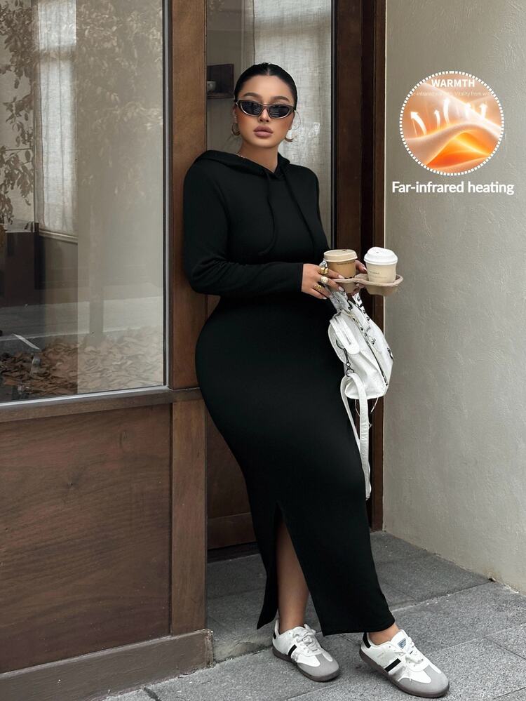 Muchica Plus Size Women's Solid Color Long Sleeve Side Slit Hem Casual Elegant Drawstring Hooded Dress Travel Homewear Black Fall - Black - View 5
