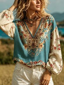 Pensoire Pensoire Women's V-Neck Floral Print Casual Daily Top - Multicolor - View 8