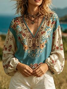 Pensoire Pensoire Women's V-Neck Floral Print Casual Daily Top - Multicolor - View 7