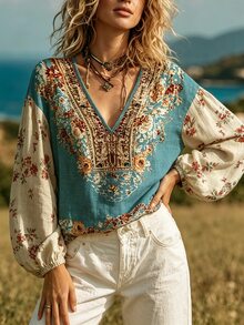 Pensoire Pensoire Women's V-Neck Floral Print Casual Daily Top - Multicolor - View 5