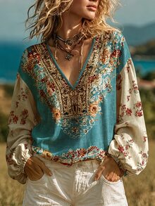 Pensoire Pensoire Women's V-Neck Floral Print Casual Daily Top - Multicolor - View 3