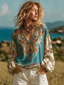 Pensoire Pensoire Women's V-Neck Floral Print Casual Daily Top - Multicolor - View 6