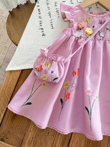 SHEIN LMoss Kids Cute Baby Girl Purple Floral Summer Dress,2-Piece Set With Free Crossbody Bag,Embroidered Round Neck Ruffle Hem Party Outfit For Spring And Summer - Pink - View 4