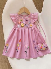 SHEIN LMoss Kids Cute Baby Girl Purple Floral Summer Dress,2-Piece Set With Free Crossbody Bag,Embroidered Round Neck Ruffle Hem Party Outfit For Spring And Summer - Pink - View 2