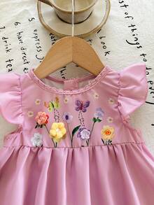 SHEIN LMoss Kids Cute Baby Girl Purple Floral Summer Dress,2-Piece Set With Free Crossbody Bag,Embroidered Round Neck Ruffle Hem Party Outfit For Spring And Summer - Pink - View 5