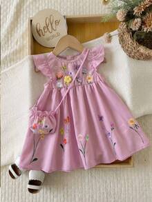 SHEIN LMoss Kids Cute Baby Girl Purple Floral Summer Dress,2-Piece Set With Free Crossbody Bag,Embroidered Round Neck Ruffle Hem Party Outfit For Spring And Summer - Pink - View 1