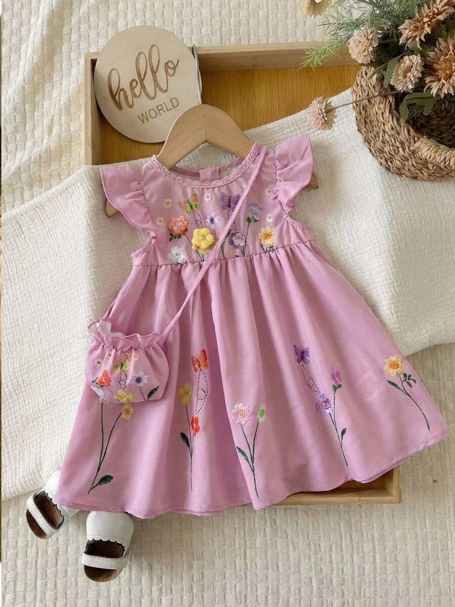 SHEIN LMoss Kids Cute Baby Girl Purple Floral Summer Dress,2-Piece Set With Free Crossbody Bag,Embroidered Round Neck Ruffle Hem Party Outfit For Spring And Summer - Pink - View 1