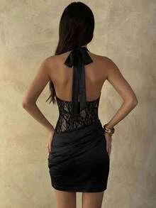 Aloruh Women's Autumn Black PU Lace Patchwork V-Neck Cami Waist-Cinched Slim Fit Mini Dress, Sexy Date Y2K Dress,Vintage Goth Sexy Night Out Club Halloween - Black - View 2