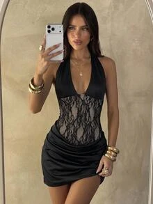 Aloruh Women's Autumn Black PU Lace Patchwork V-Neck Cami Waist-Cinched Slim Fit Mini Dress, Sexy Date Y2K Dress,Vintage Goth Sexy Night Out Club Halloween - Black - View 3