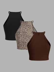 SHEIN EZwear 3件組黑色與棕色系印花女款無袖上衣，適合夏季返校與外出穿著，性感風格 - 彩色 - 查看 3
