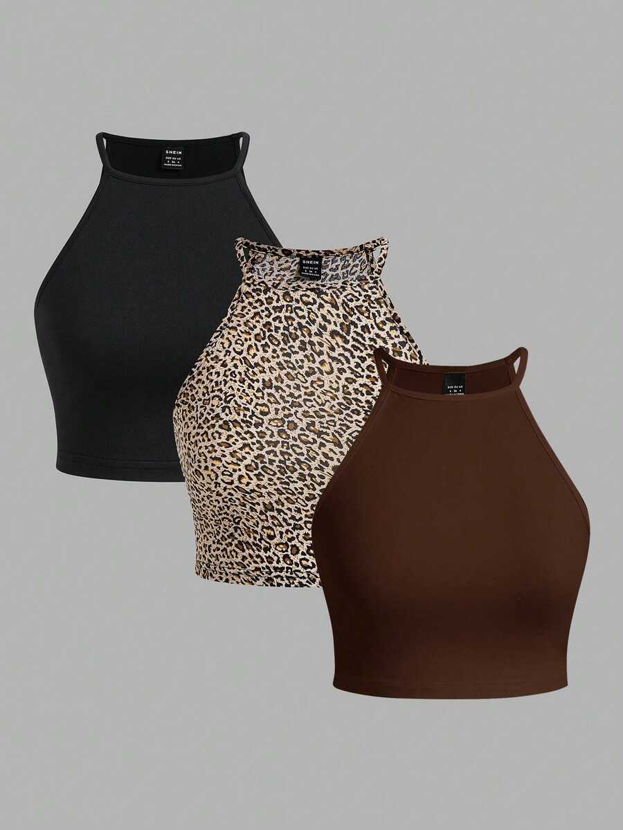 SHEIN EZwear 3件組黑色與棕色系印花女款無袖上衣，適合夏季返校與外出穿著，性感風格