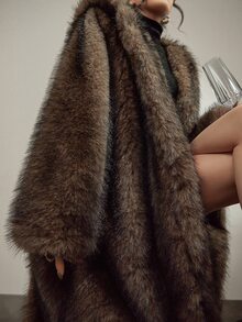 DAZY Women's Hooded Long Faux Fur Coat, Autumn/Winter - Brown - View 9