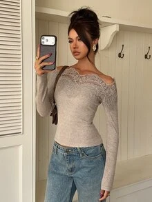 Siren Gaze Women's Off-Shoulder Slim Fit Versatile Daily Long Sleeve T-Shirt - Apricot - View 7